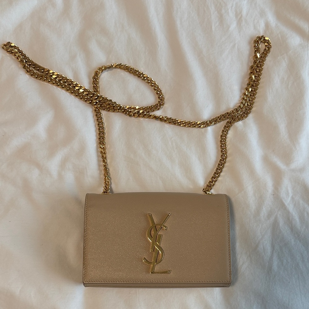 Yves Saint Laurent Kate monogram Beige Crossbody Bag with Gold Chain